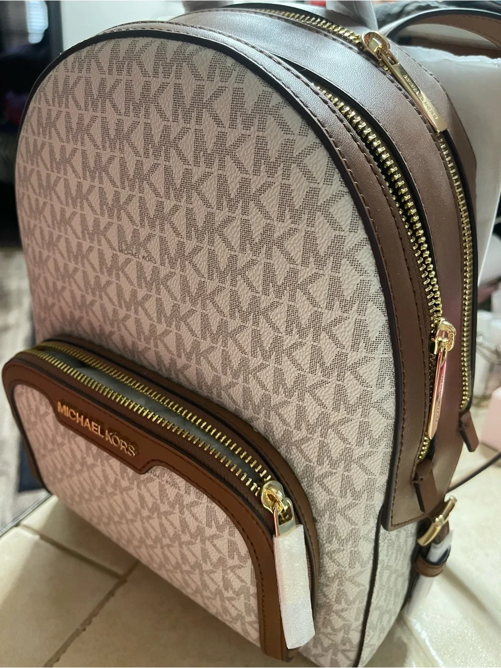 Michael Kors Tan Canvas w/Dark Tan Logo MK Monogram Backpack with Brown Trim